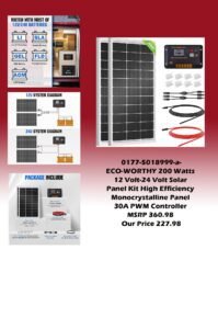 0177-5018999-a-ECO-WORTHY 200 Watts 12 Volt-24 Volt Solar Panel Kit with High Efficiency Monocrystalline Solar Panel and 30A PWM Charge Controller MSRP 36098 Our Price 227.98 copy