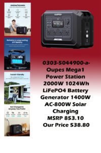 0303-5044900-a-Oupes Mega1 Power Station 2000W 1024Wh LiFePO4 Battery Generator 1400W AC-800W Solar Charging Expandable to 5120Wh_img0 MSRP 853.10 Our Price 538.80 copy